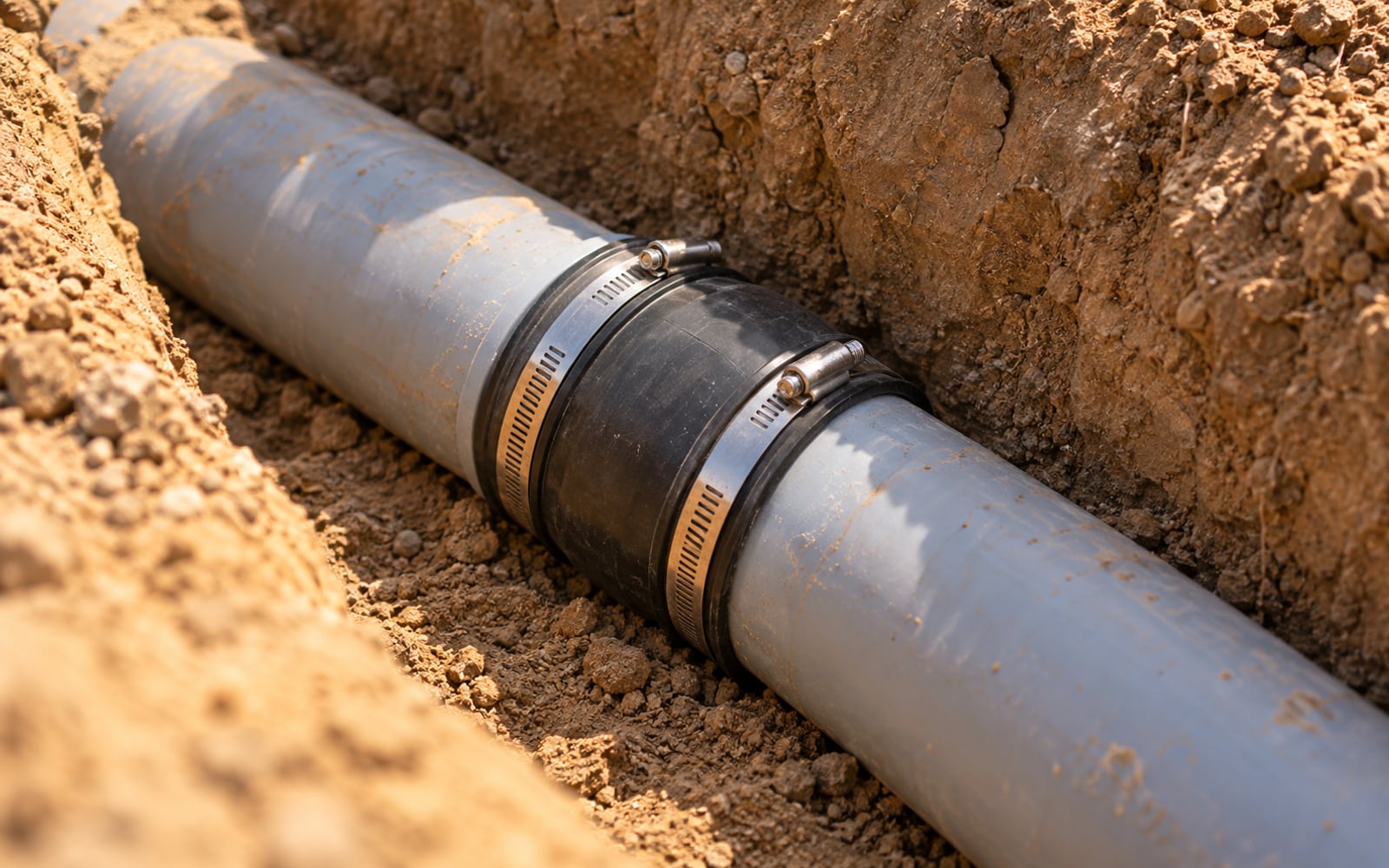 New sewer pipe coupling set in dry compacted soil