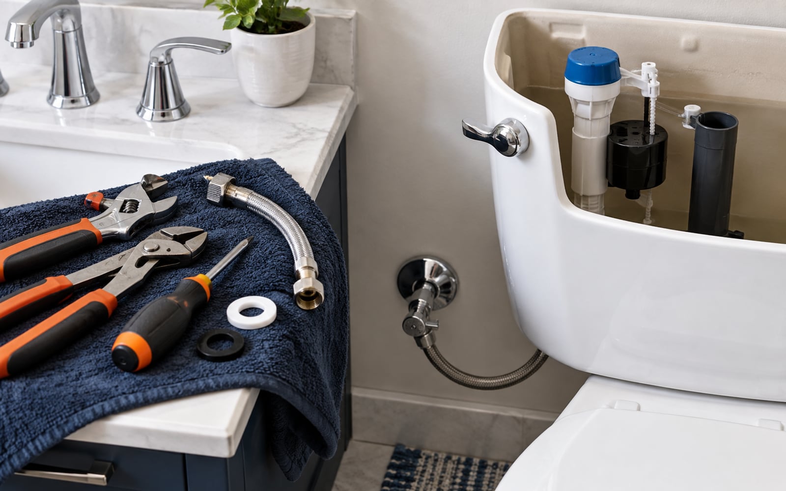 Toilet parts, faucet hardware, supply line, and plumbing tools