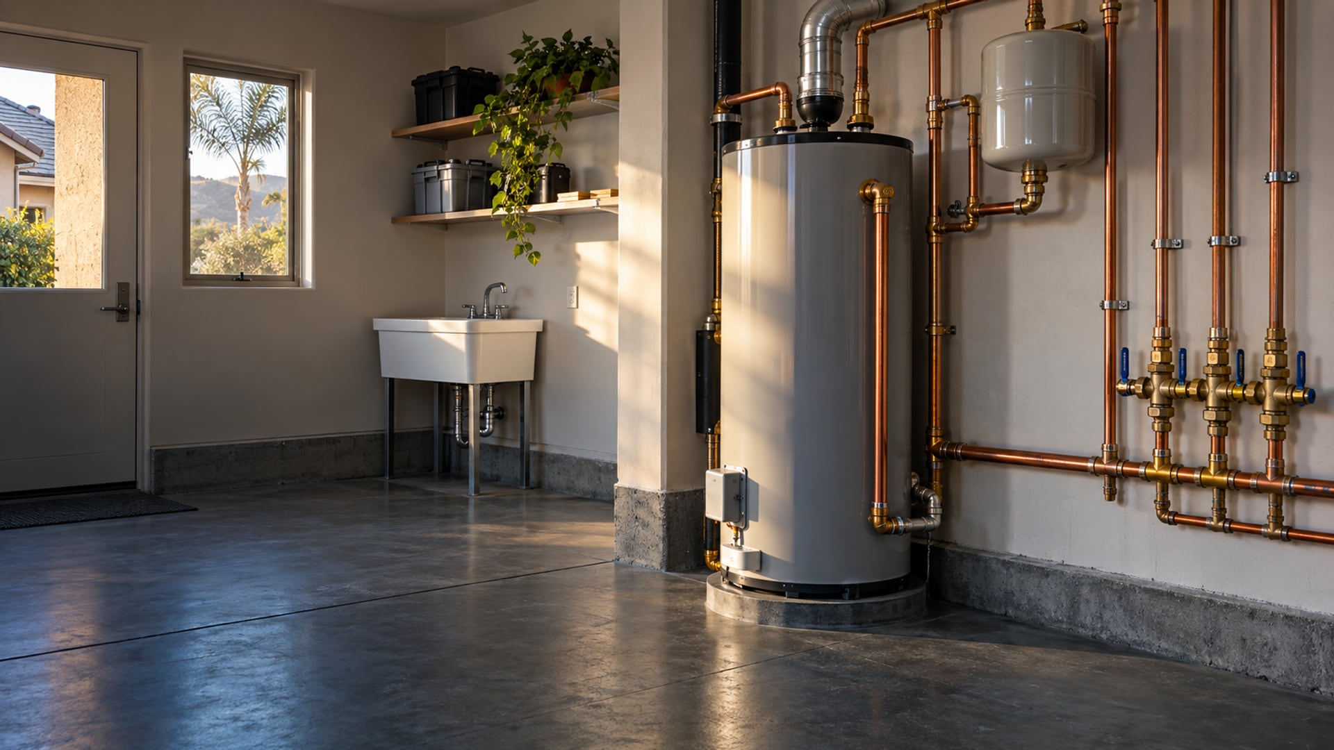 Clean residential plumbing installation with copper supply lines in a Santa Clarita utility room